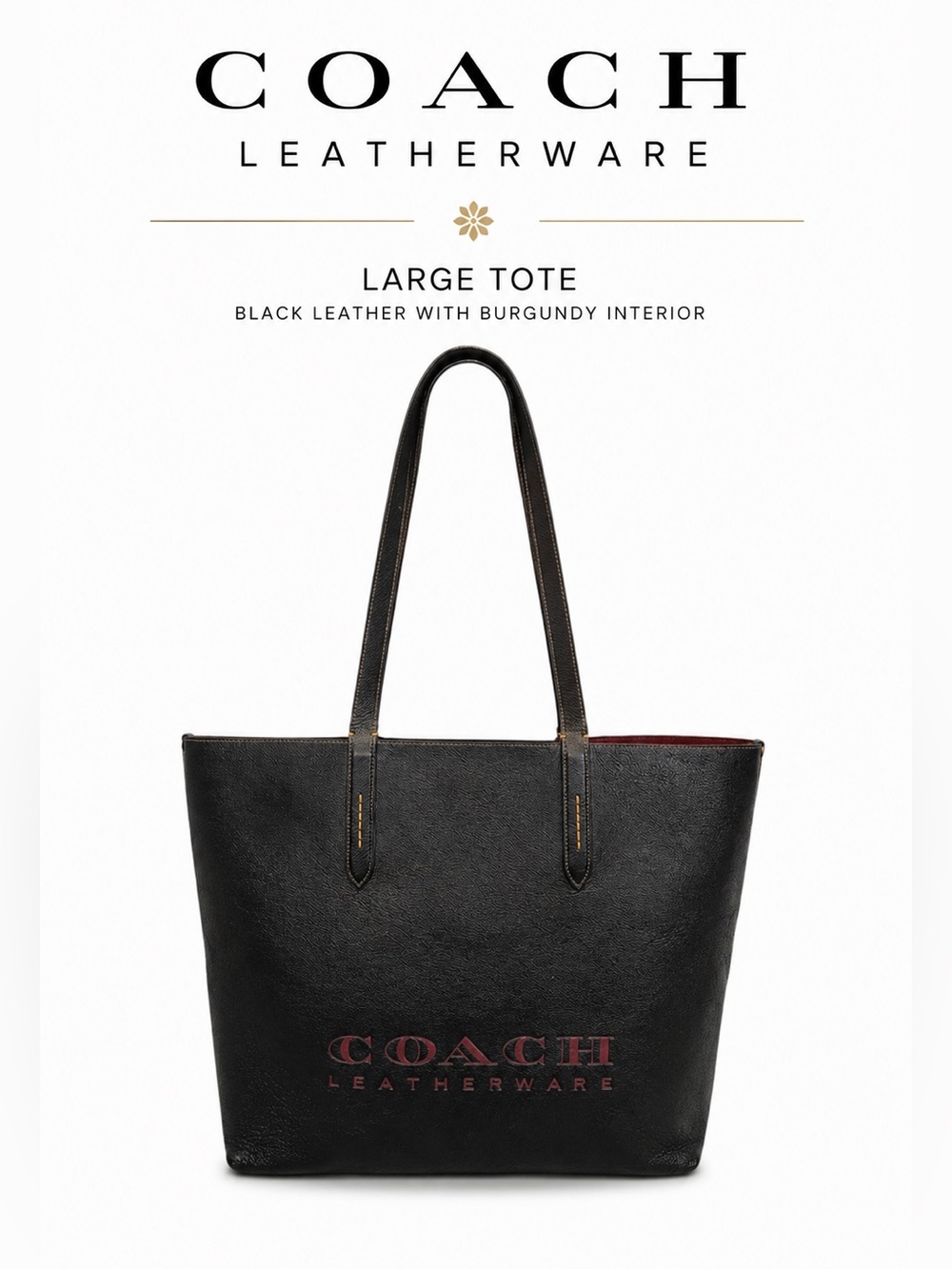 Coach Black Leather Tote with Burgundy Interior